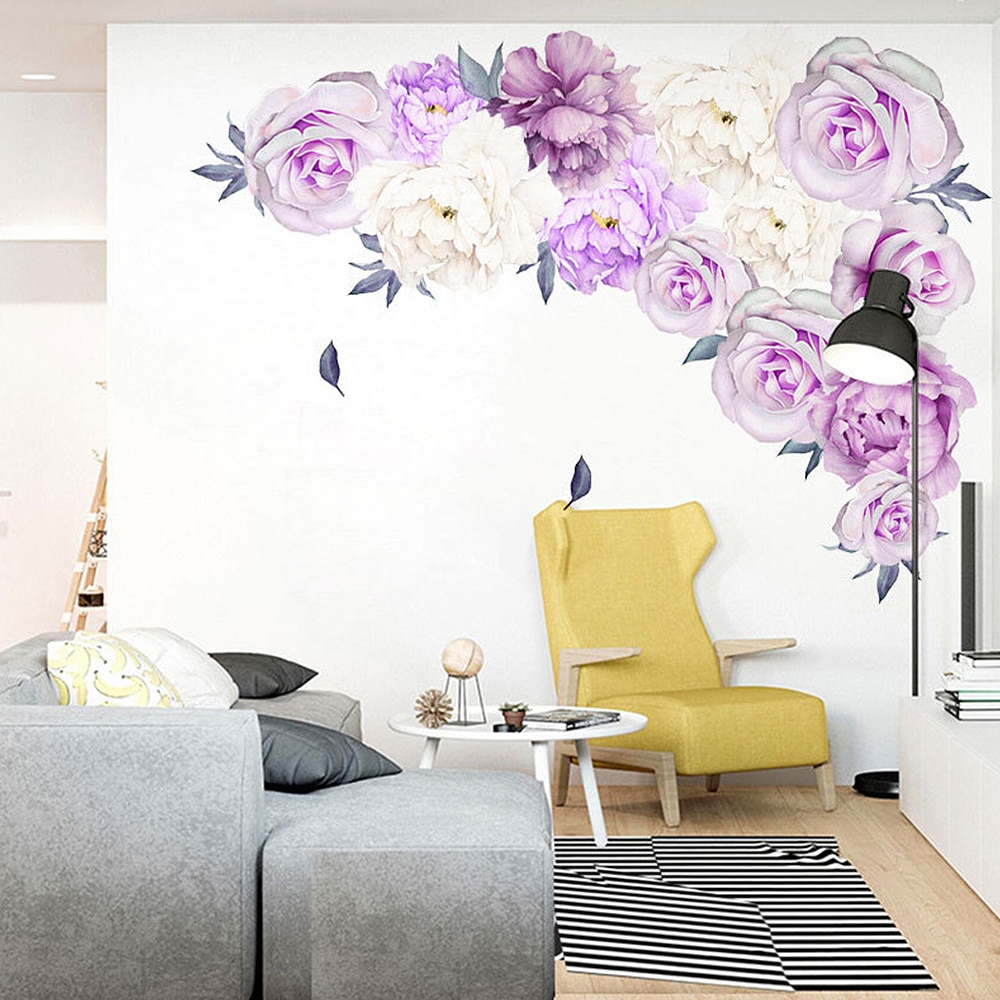 60x60cm Large Purple Peony Flower Wall Stickers Romantic Flowers Home