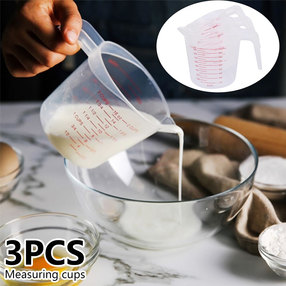3Pcs Plastic Measuring Cup Jug Spout Surface Kitchen Measure Cup with Graduated Liquid Liquid Measure Container 250/500/1000ML
