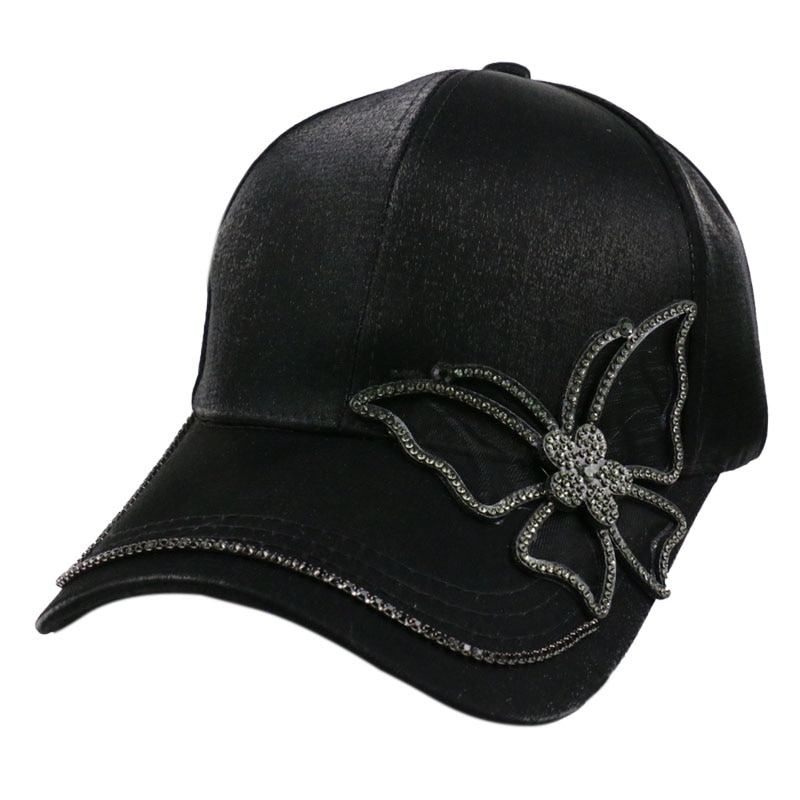 Winfox Black Rhinestone Butterfly Baseball Cap Girls Women Snapback Hip Hop Sun Hat