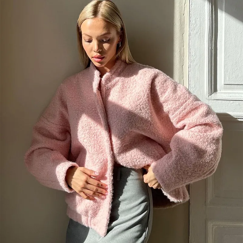 Tuularose höstpälsjacka dam rosa lös långärmad förtjockad kappa avslappnad standkrage knapp varm jacka dam