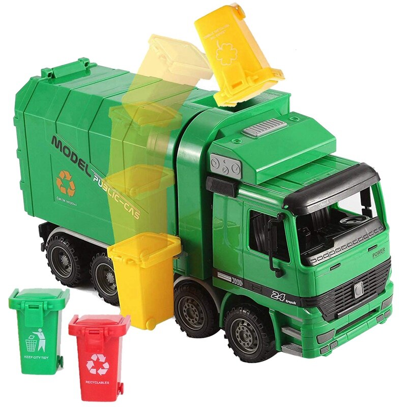 14 Inch Friction Powered Garbage Truck Toy,with 3 Trash Cans,No Battery Required,A Great for Children