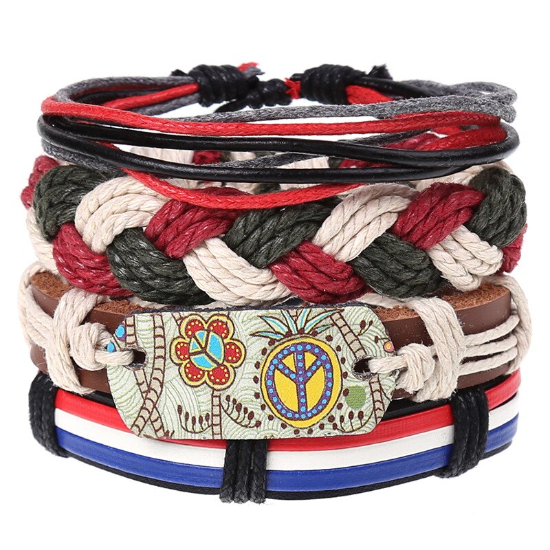 Pulseira de couro trançado 4 pçs/set, pulseiras para homens e mulheres, vintage, contas de madeira, cruz, étnica, esperança: Z