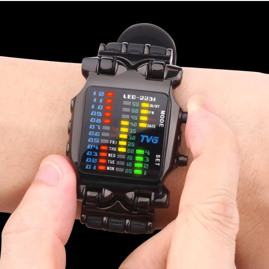 TVG Rubber Band waterdichte cool geek LED digitale Sport Horloges Zwart Mannen Luxe Binary Klok horloge