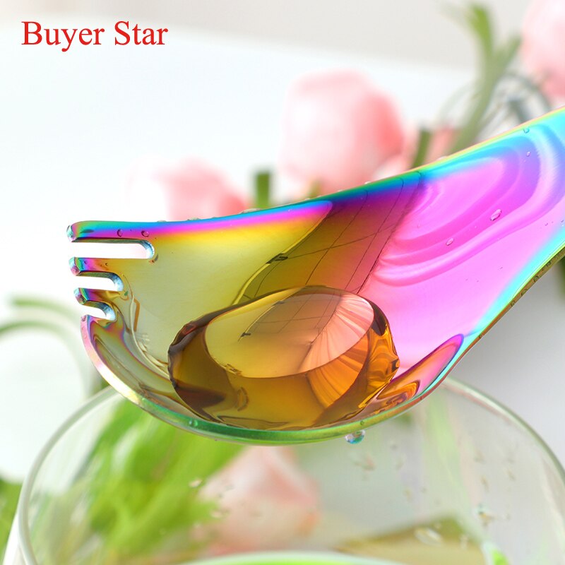 2 pçs criativo 18/10 aço inoxidável dobrar sobremesa colher 2 em 1 salada colher garfo frutas coloridas sporks utensílios de cozinha