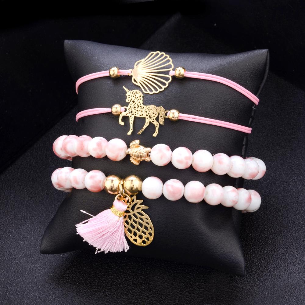 4/5 Stuks Bohemian Kaart Schildpad Liefde Strand Armband Set Leuke Ananas Shell Kwastje Armband Set Voor Vrouwen Armband Sieraden