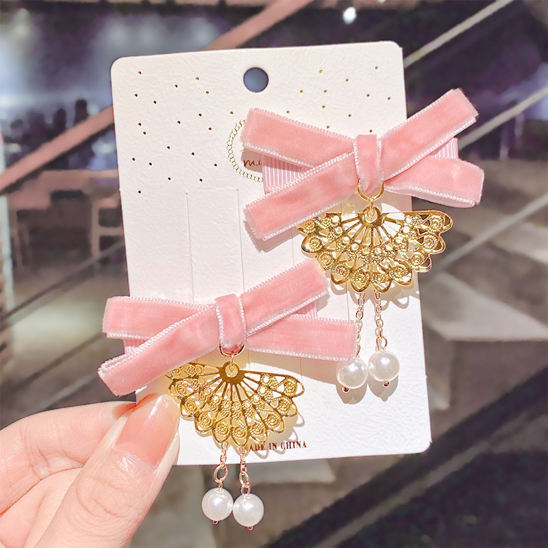Coreano veludo arco hairpins crianças tecido borla pérola grampos de cabelo artesanal moda jóias headpiece acessórios para o cabelo das meninas: 2