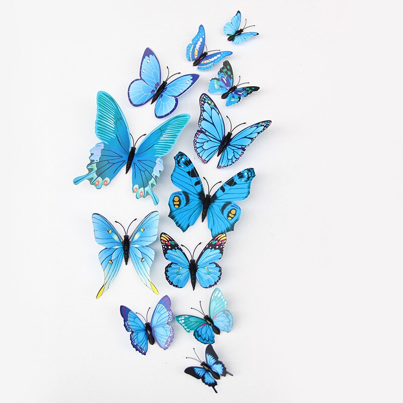 12Pcs 3D Double layer Butterfly Wall Stickers Butterfly Fridge sticker DIY Art Home Decoration Wall Stickers Wall Decals: blue