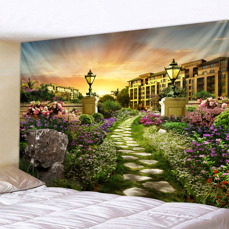 Beautiful city flower path wall hanging in the sunset 3d digital printing tapestry bedroom art decoration