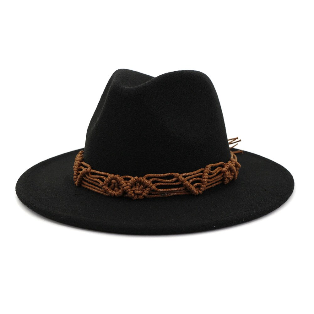 HanXi Women Hat Wool Fedoras Felt Hat Flat Brim Cap Twist Band: black