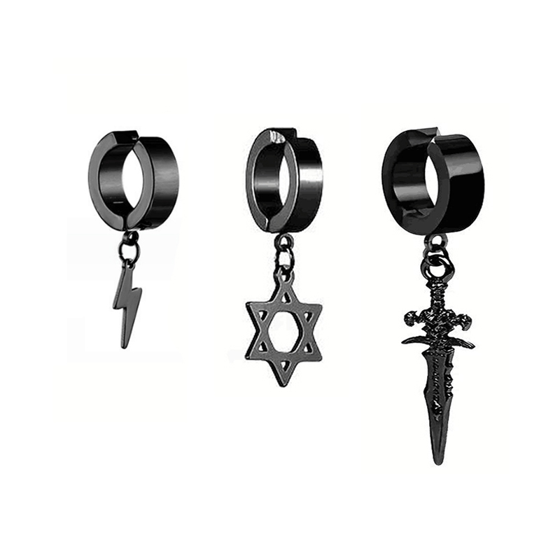 Conjuntos de aretes falsos con imán de acero inoxidable para hombre, conjunto de estrella relámpago cruzado punk, 2-7 Uds.: Color oro puro