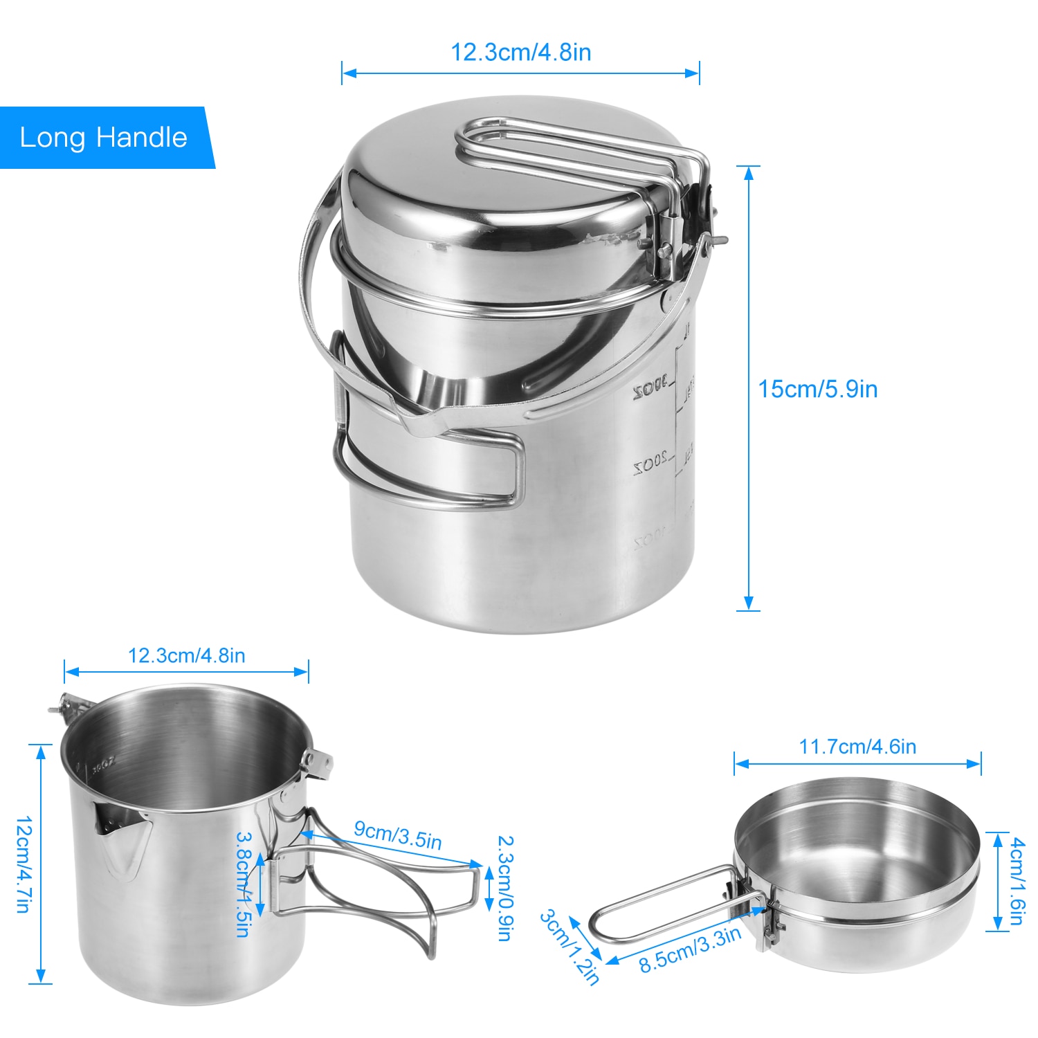Portable Outdoor Camping Cookware 1L Stainless Steel Cooking Kettle Outdoor Camping Backpacking Pot with Foldable Handle
