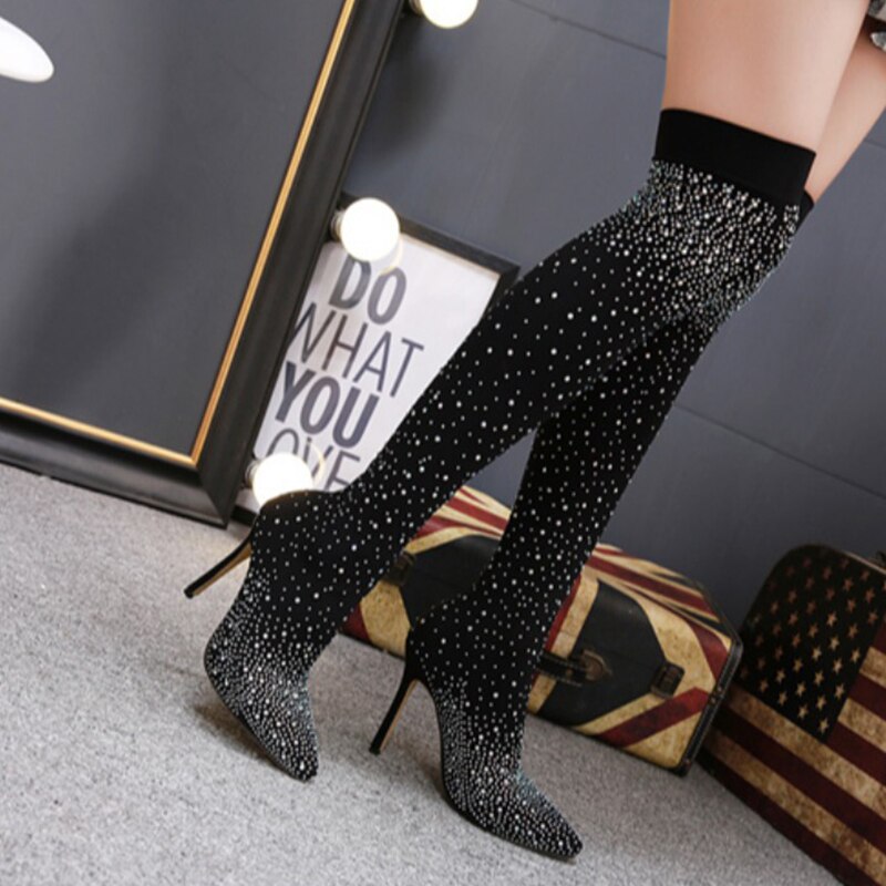 Zoelea femmes cristal Stretch tissu chaussette bottes bout pointu sur le genou talon cuisse haut bout pointu femme botte
