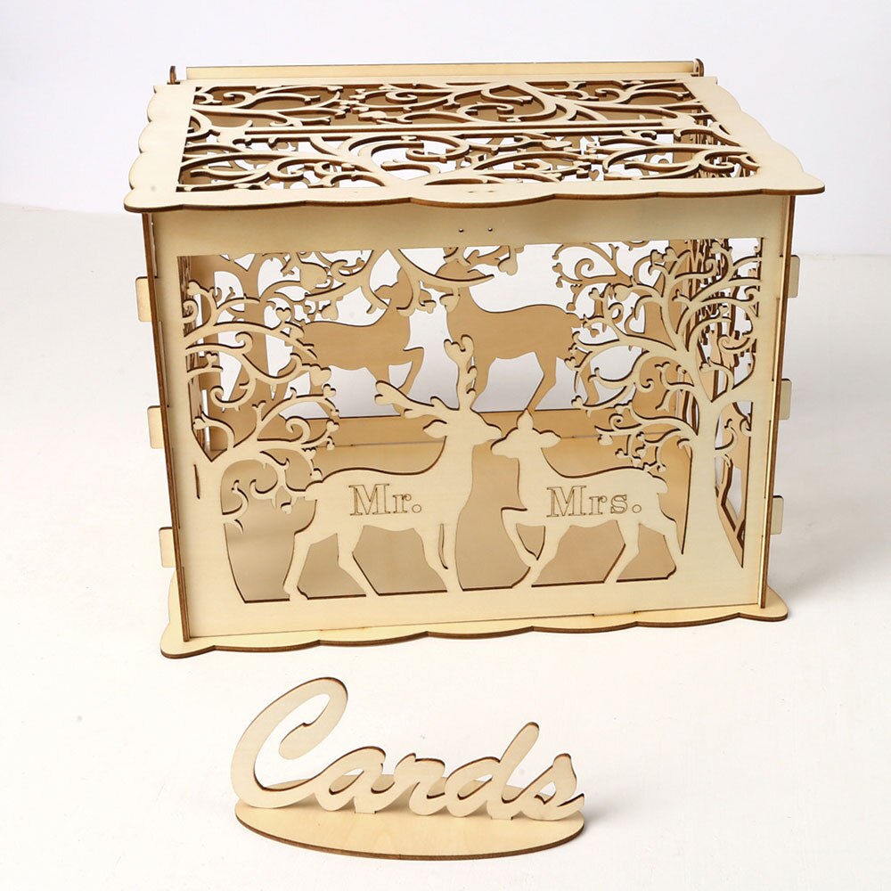 Houten doos voor trouwkaarten, bruiloftbenodigdheden, doe-het-zelf, paar, hert, vogel, bloemenpatroon, raster, visitekaartje, houten doos: Jm01367 grote