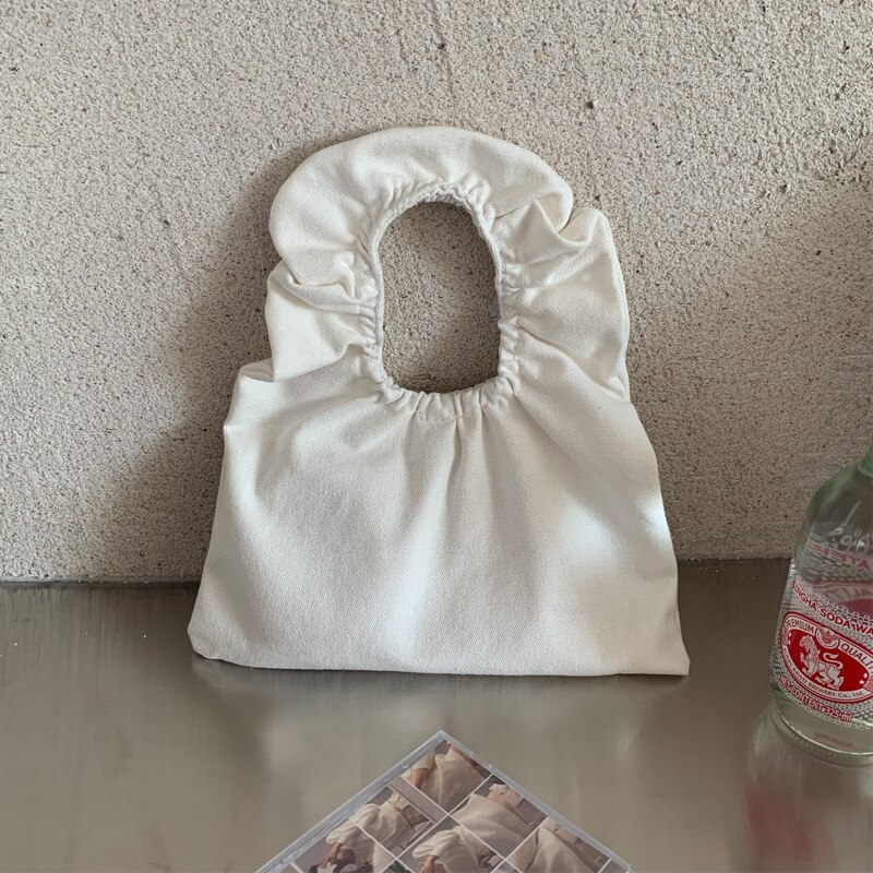 Mode Vrouwen Geplooide Schoudertassen Eenvoudige Canvas Dames Mini Handtassen Draagbare Vrouwelijke Meisjes Dagelijks Clutch Purse Tote Pols Zak: WHITE / 25x14cm