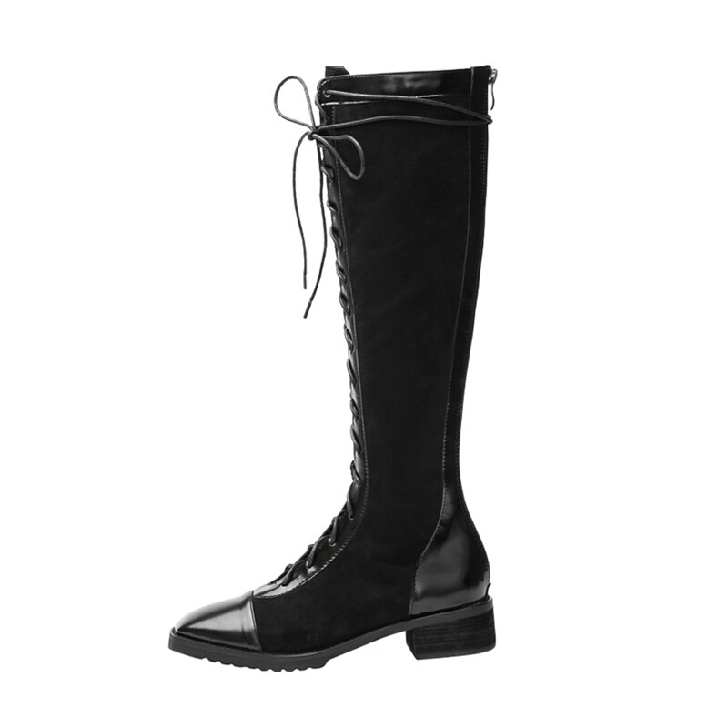 Automne bottes hautes pour femmes dos fermeture éclair microfibre cuir Plus velours chaussures pour femmes talon carré romain chevalier botte grande taille 42