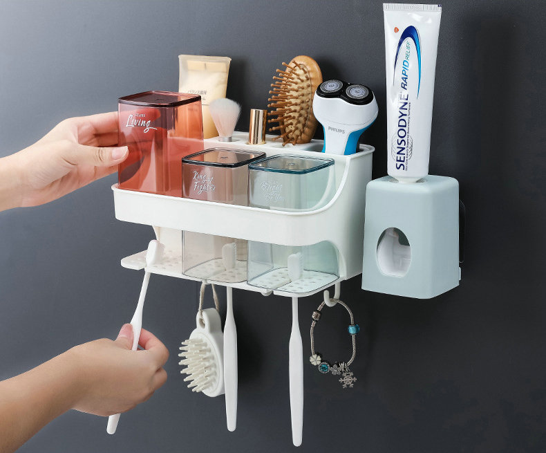 Punch-livre fixado na parede suporte de escova de dentes lavagem conjunto de copo da boca do banheiro copo escova de dentes do agregado familiar copo de creme dental squeezer rack