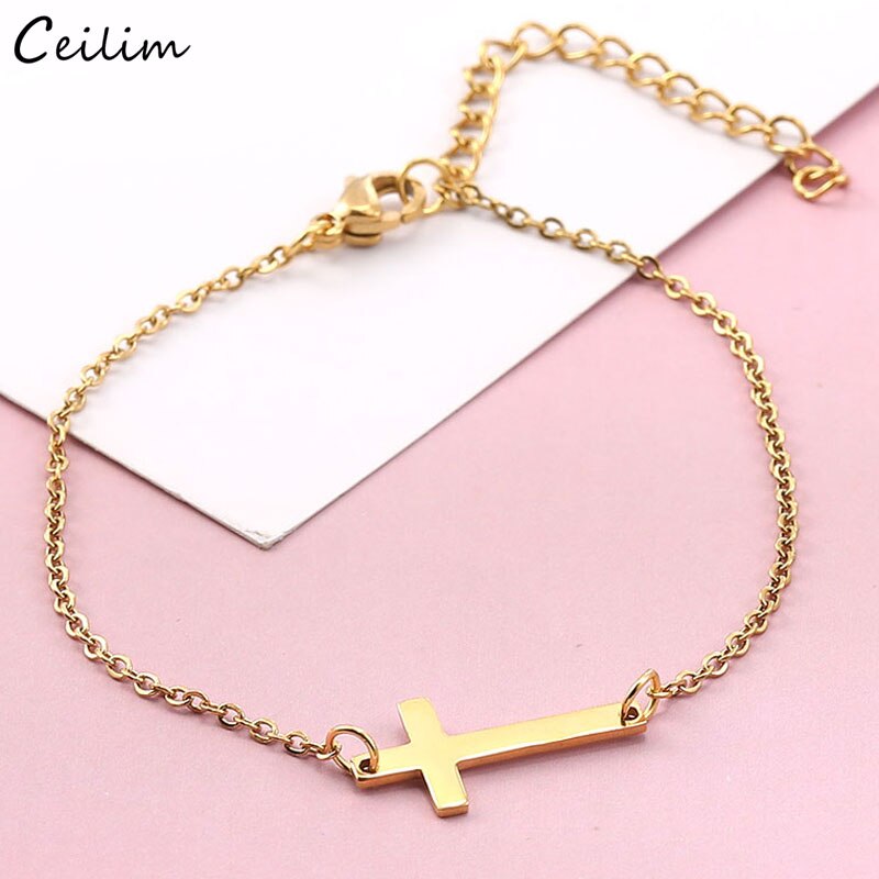 Stainless Steel Cross Charm Bracelet for Women Gold Color Link Chain Friendship Bracelet Religious Jewelry