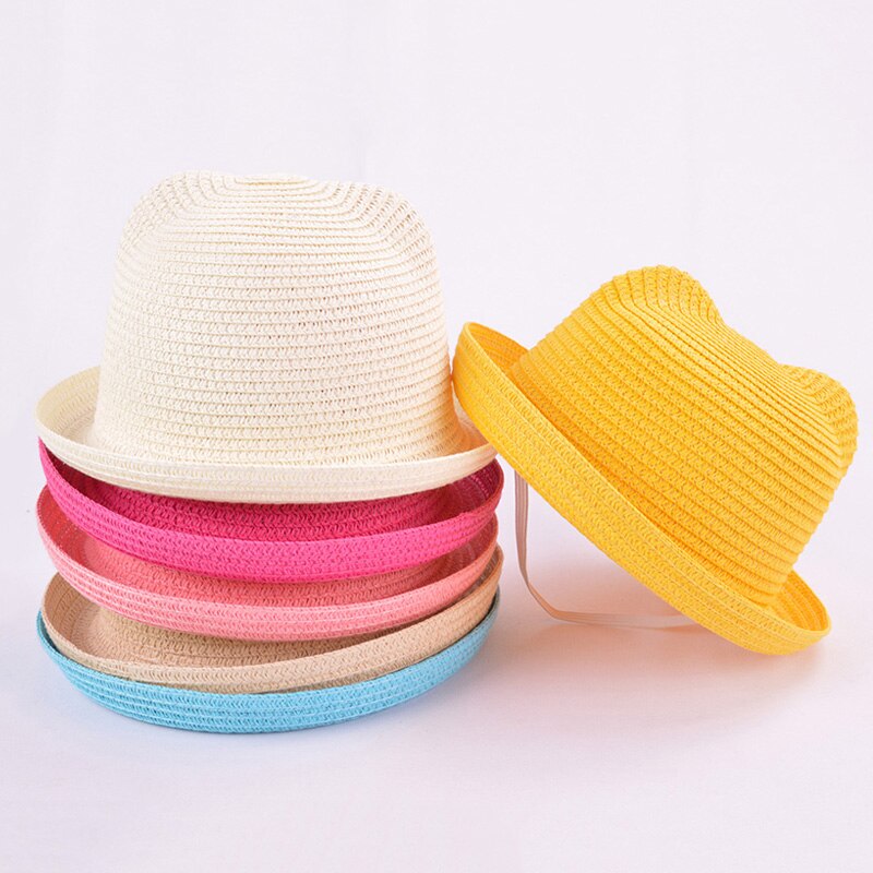 Chapeau de paille mignon avec des oreilles d'été en plein air enfants disquette Panama chapeau enfants filles garçons nuances plage chapeau de soleil