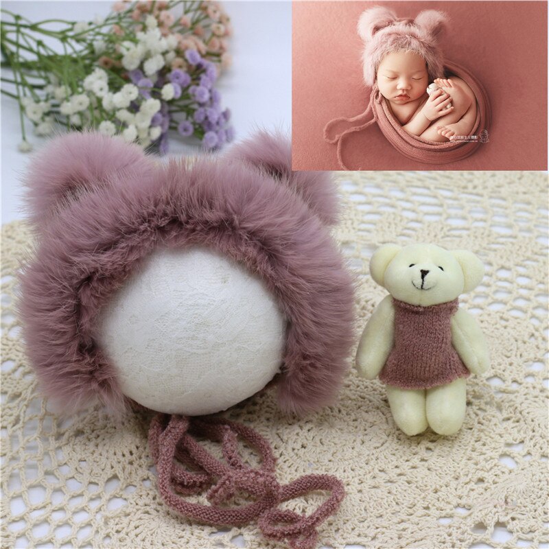 Baby Fotografie Requisiten Neugeborenen Fotografie Hut Bär Puppe Neugeborenen Hut Fotografie Zubehör (1pc Baby Hut und 1pc bär Puppe): Lilac