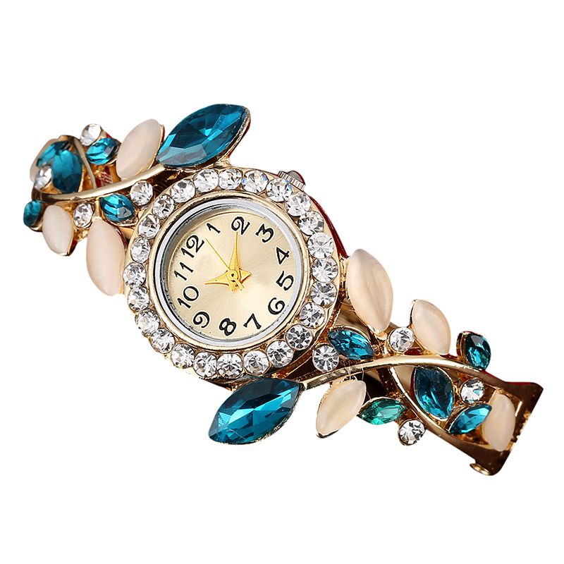 Luksus rhinestone armbåndsur kvinder krystal blad form armbånd ure guld quartz ure: L