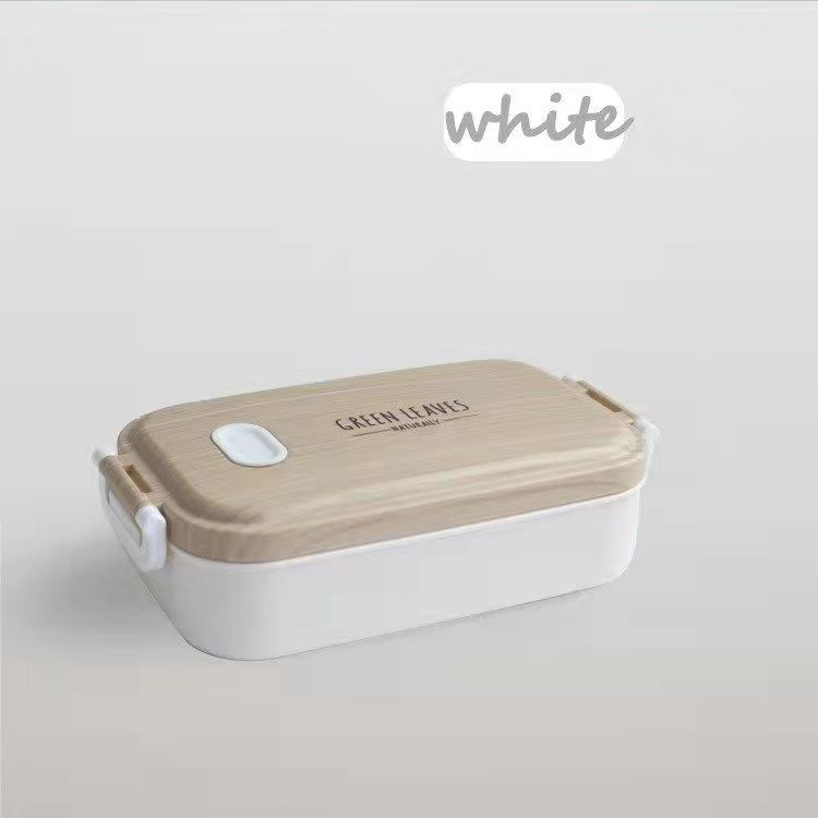 Wood Grain Lunch Box, Multi-layer Bento Box, Anti-scalding Student Heat Preservation Stainless Steel Office Worker Lunch Box: 1-White-600ml