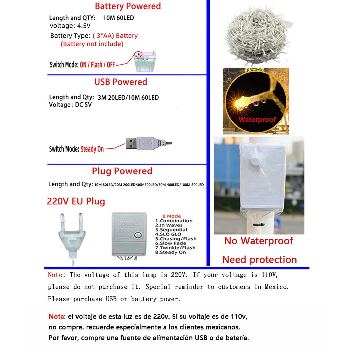 Guirnaldas de luces LED navideñas de 3-100M con batería/USB/enchufe, guirnalda de luces para interiores y exteriores para decoración de fiestas navideñas de árboles de boda