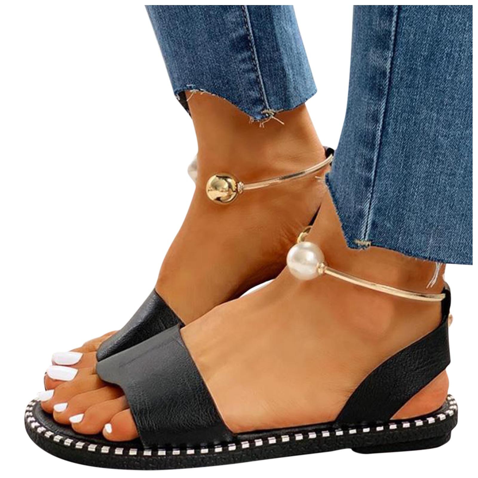 TELOTUNY – sandales antidérapantes pour femmes, chaussures à bout rond, couleur unie, avec boucle en perles, décontractées, tongs d'extérieur, été: Black / 40