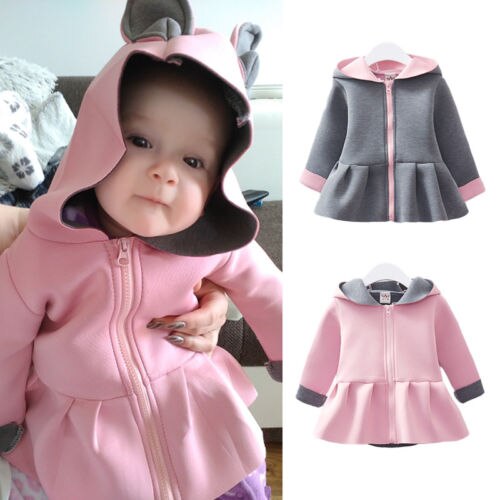 Warme herfst winter babymeisje konijnenoren lange mouwen hoodies jas ruches rits jas bovenkleding katoenen outfits kleding