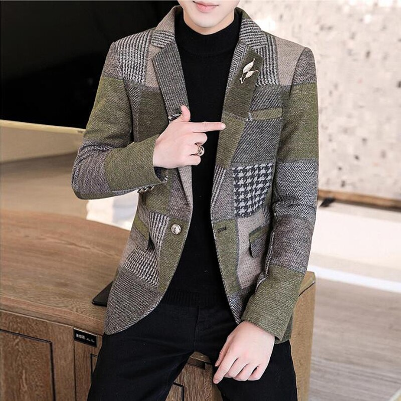 Mens Stylish Blazer Thick Warm Suit Jacket Men Woolen Coat With Plaid Stitching Blazer Hombre Slim Fit Prom Blazers For Men: Green / Korean XXL