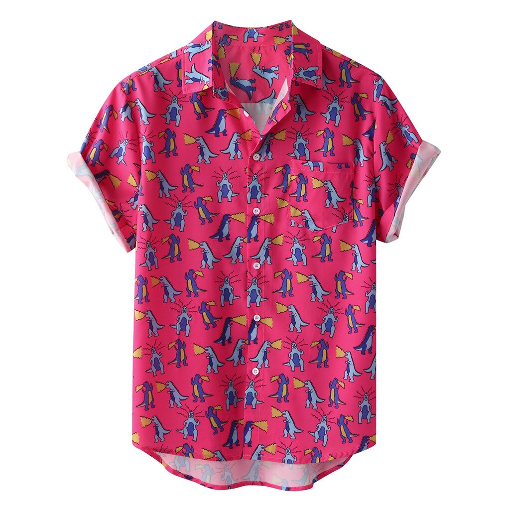 Men's Dinosaur Print Summer Short Sleeve Loose Buttons Hawaiian Casual Shirt Blouse Tee Shirt Homme Tops tees 207: XXXL