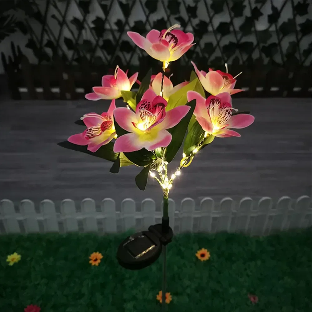 Simulation solaire orchidée fleur lumières lampe extérieure pour Patio pelouse jardin fête de mariage décoration fleur: Rouge