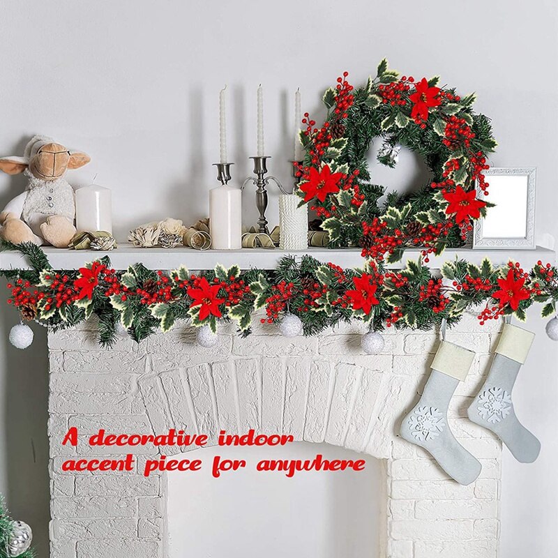 2X 6.3FT Red Berry Christmas Garland, Artificial Poinsettia Garland,Christmas Berry Garland With Pine Cones