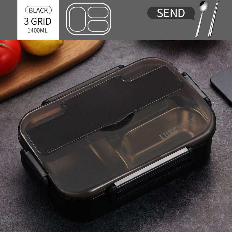WORTHBUY fiambrera japonesa para niños con compartimentos, caja Bento de acero inoxidable 304 para niños, caja contenedora de alimentos con vajilla: 3 Grid Black