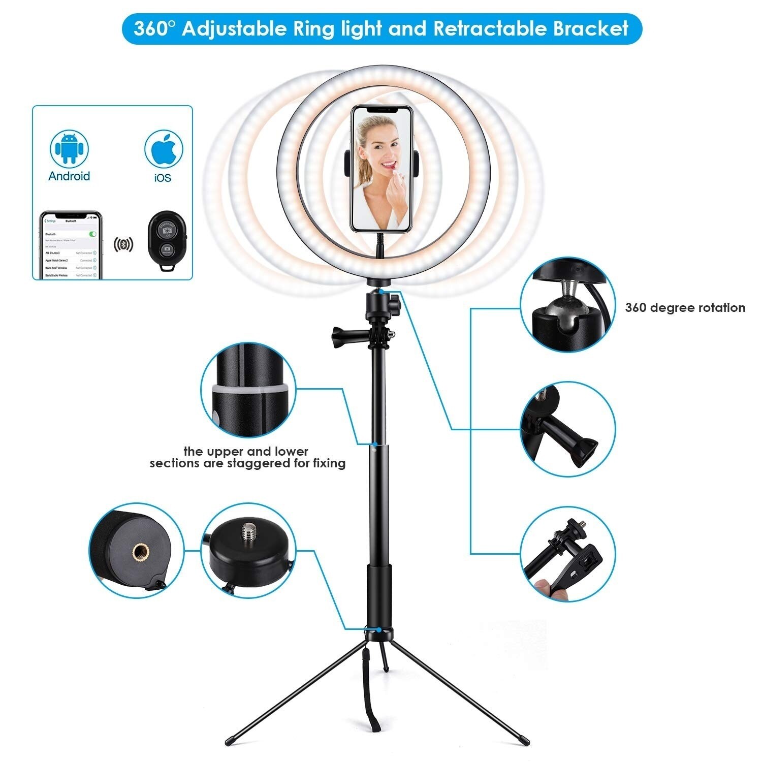 Handheld & Tripod 3 in 1 Extendable Monopod Phone Selfie Stick Ring Light with Wireless Remote Shutter Beauty Dimmable Ring Lamp