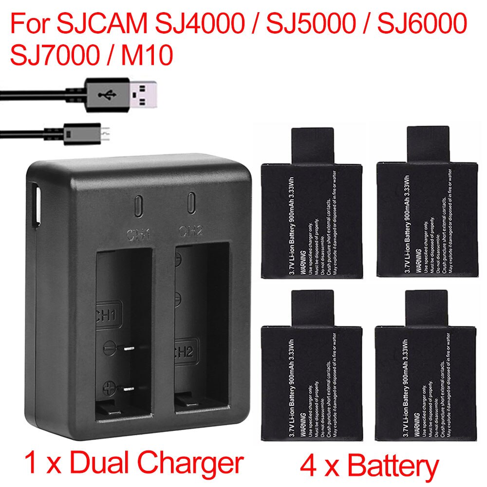 4Pcs 900mAh SJ4000 Camera battery +1 x Dual Charger For SJCAM SJ4000 SJ5000 SJ6000 SJ7000 SJ8000 M10 BATTERY: 4 Battery 1 Charger