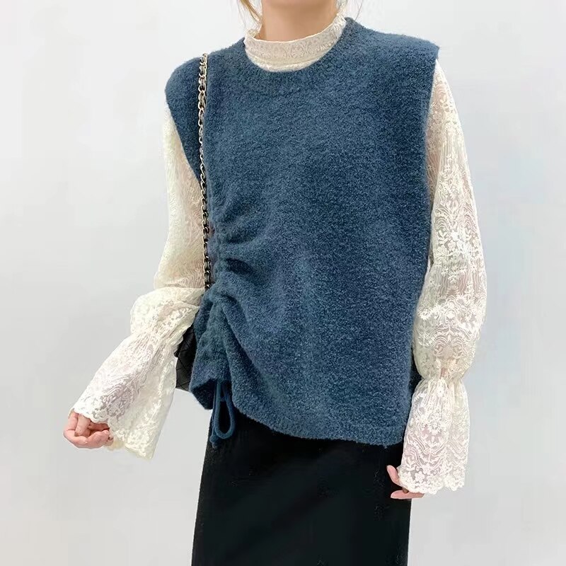 Kvinder strikket sweater vest forår koreansk stil blonder pullover ærmeløs vest strik blå vest pull  t456: Blå
