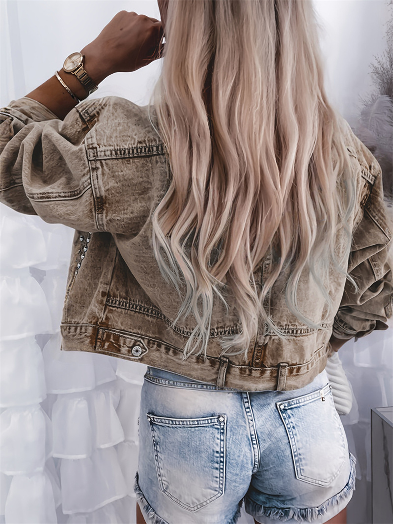 Nueva chaqueta vaquera decorada con remaches, informal para mujer, ropa de calle con solapa, cárdigan de manga larga con una sola botonadura, abrigo corto de color