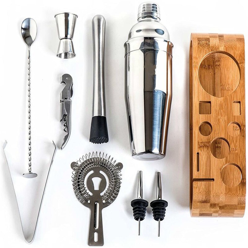 Bartender Kit 10-Piece Bar Tool Set With Stylish Bamboo Stand Martini Cocktail Shaker Drink Mixing Home Bartending Tools