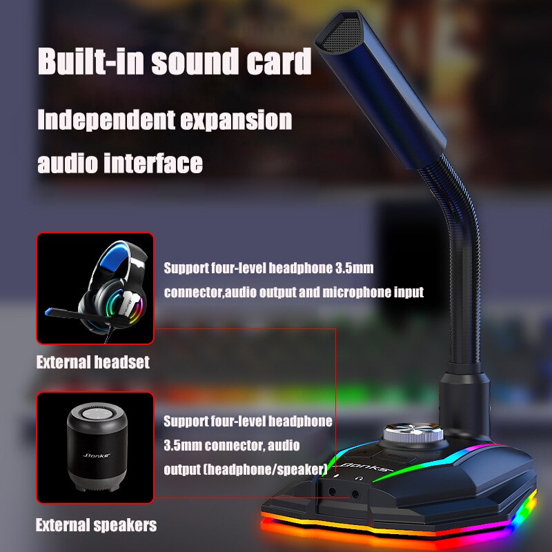 USB Sound Card RGB Microphone Computer With Speaker Headset Jack Free Drive Noise Reduction 360° Rotate HD Receiver