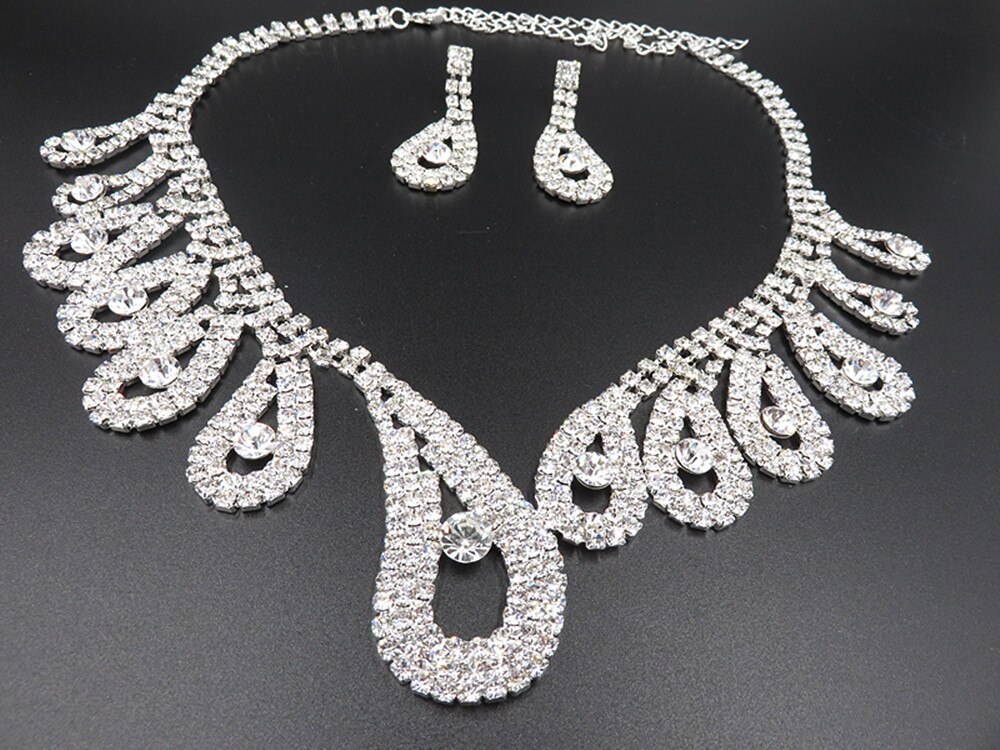 Trendy Female White Crystal Jewelry Set Charm Silver Color Dangle Earring For Women Dainty Round Zircon Wedding Chain Necklace