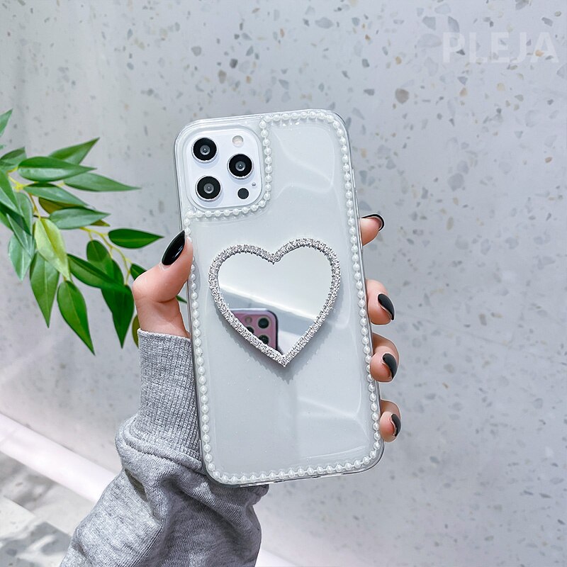 Rhinestone Love Mirror Glitter Cases For iphone 11 Pro Max 12 mini 7 8 plus X XR XS max SE Phone Case Cute Transparent Capa: For-iphone12mini