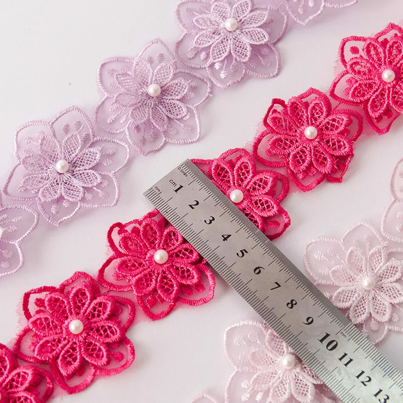 2 Yard Bloem Parel Kant Geborduurd Gebreide Zes Bloembladen Kralen Dubbellaags Trouwkleding Accessoires Diy Handgemaakte