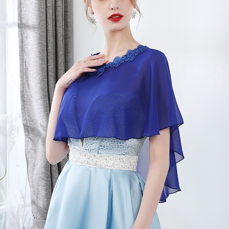 Cape en mousseline de soie pour femmes, châle doux et léger pour mariée, col rond, longue tenue de soirée: Royal Blue