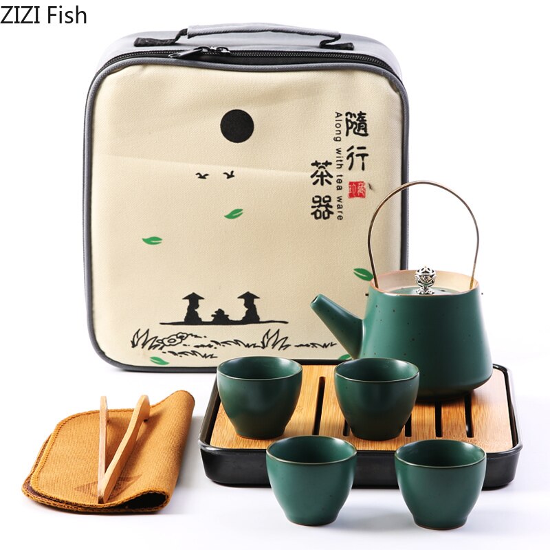 Japanse Stijl Mini Thee Set Draagbare Reizen Kung Fu Thee Set Een Pot En Vier Kopjes Met Lade Keramische Theekopje maak Theepot