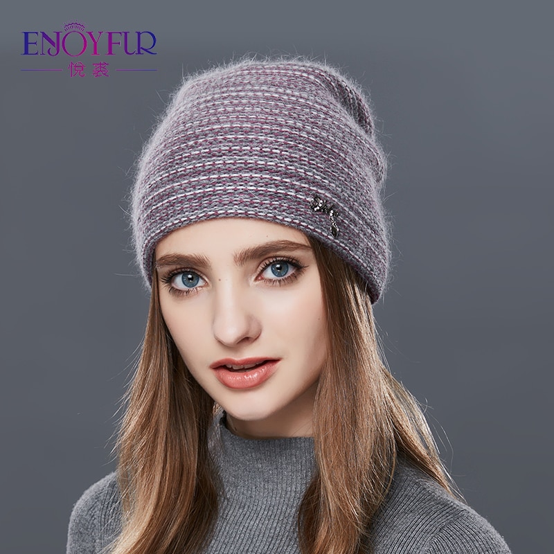 Enjoyfur gebreide wollen muts voor de winter dubbele laag dikke warme zachte damesmuts casual mutsen damesmutsen muts voor dames