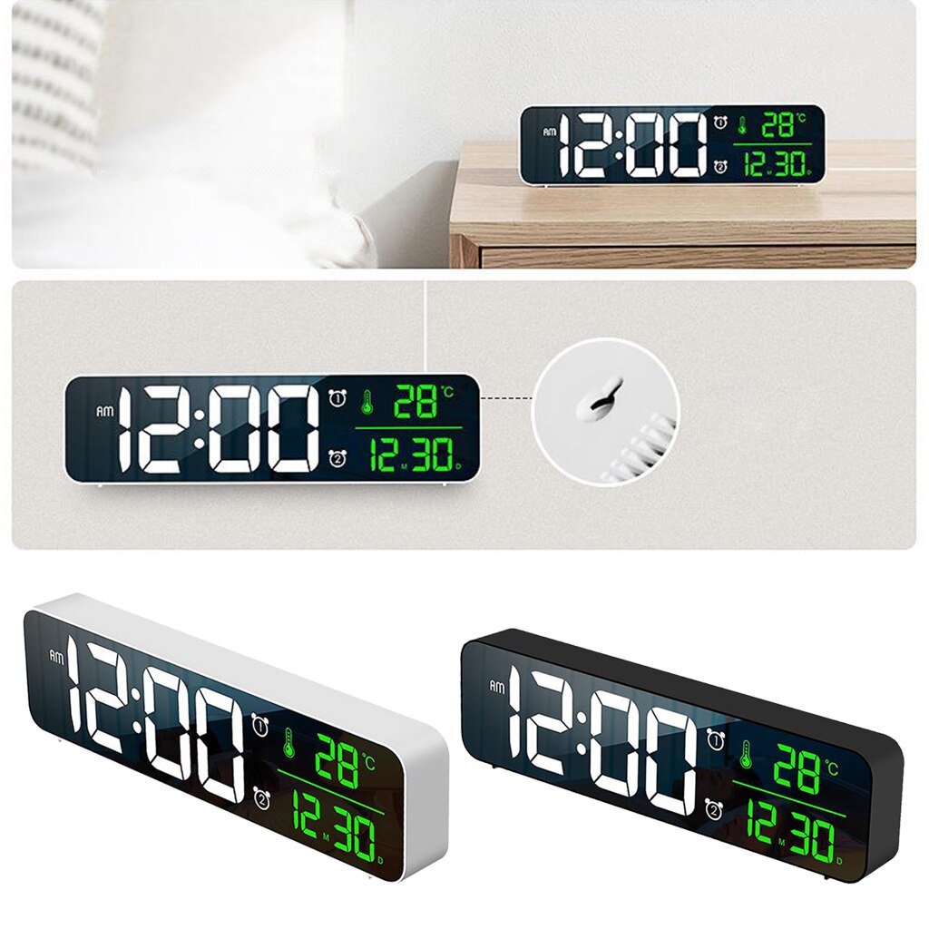 10 Inch Large Screen Digital Alarm Clock Temp Day Calendar AM/PM Mirror Wall Clock 40 Music Adjustable Volume Decoration