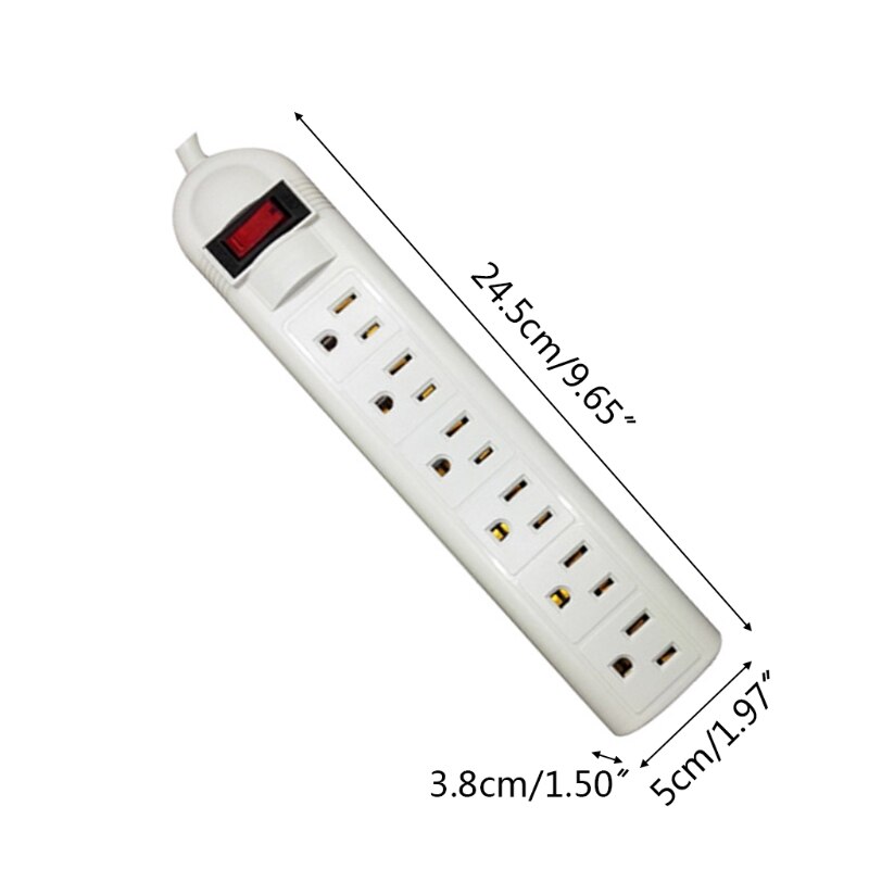 US Plug 6 Socket Surge Protector Wall-mounted 14AWG Horizontal Power Strip Power Socket Switch with Overload Protection