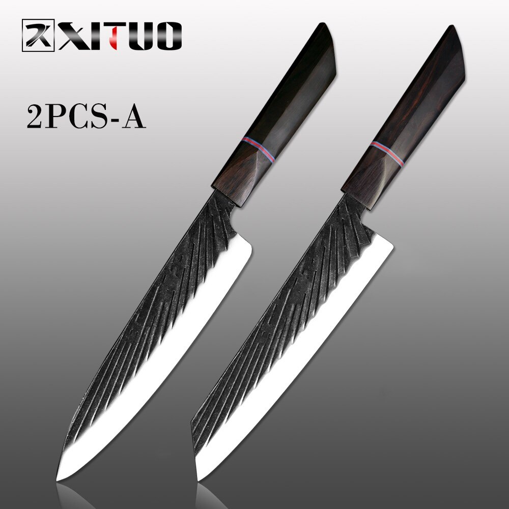 XITUO Chef Knife 440C Steel Handmade Forged Japanese Sharp Meat Cleaver Kiritsuke Santoku Utility Paring Knife Cooking Tools: 2PCS-A