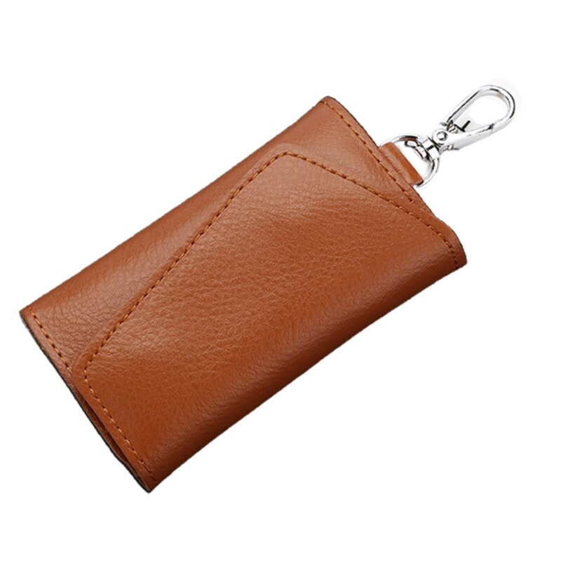 Y166 Portable Leather Keychain Key Wallet 6 Hook Button Closure with Card Holder: Khaki