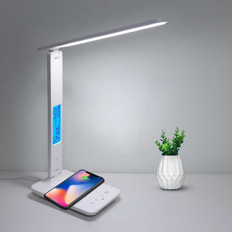 LAOPAO 10W QI Wireless Charging LED Desk Lamp With Calendar Temperature Alarm Clock Eye Protect Study Business Light Table Lamp: white with  Calendar / UK PLUG